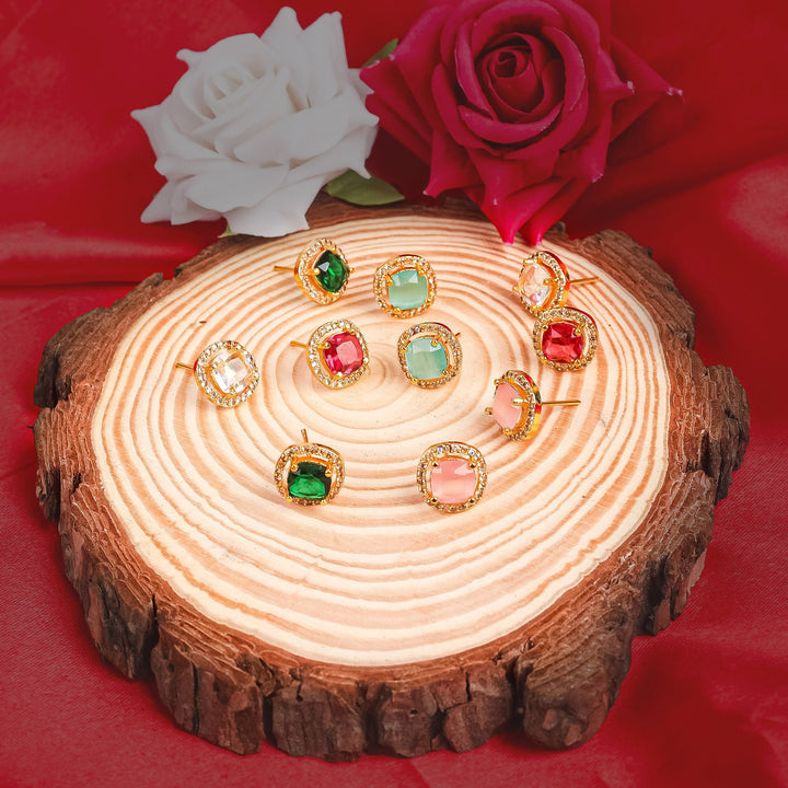 Gold-Plated Cushion Cut CZ Studs - Set of 5