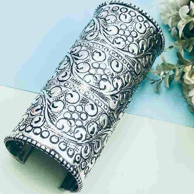 Oxidised Silver Plated Statement Cuff Bracelet | Ethnic Boho Kada 6 Inch