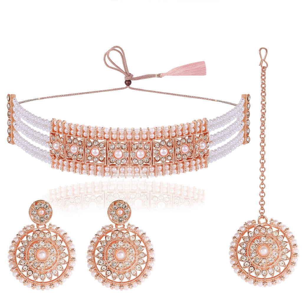 Rosegold Pearl & Kundan-Studded Jewellery Set With Mangtika