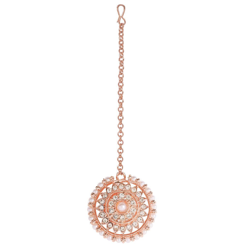 Rosegold Pearl & Kundan-Studded Jewellery Set With Mangtika
