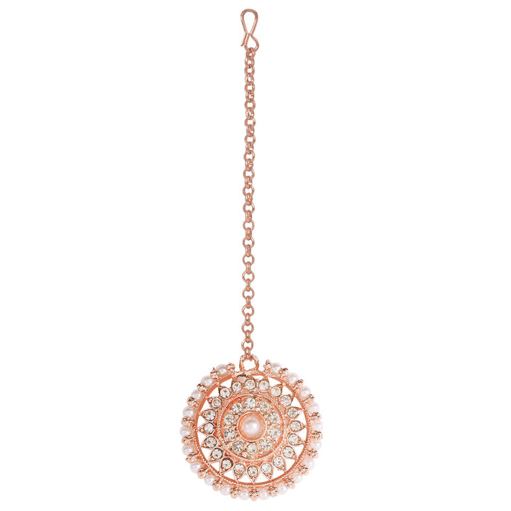 Rosegold Pearl & Kundan-Studded Jewellery Set With Mangtika
