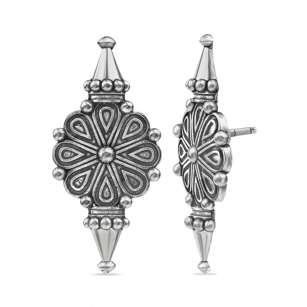 Flower Motifs Embossed Brass Stud Earrings