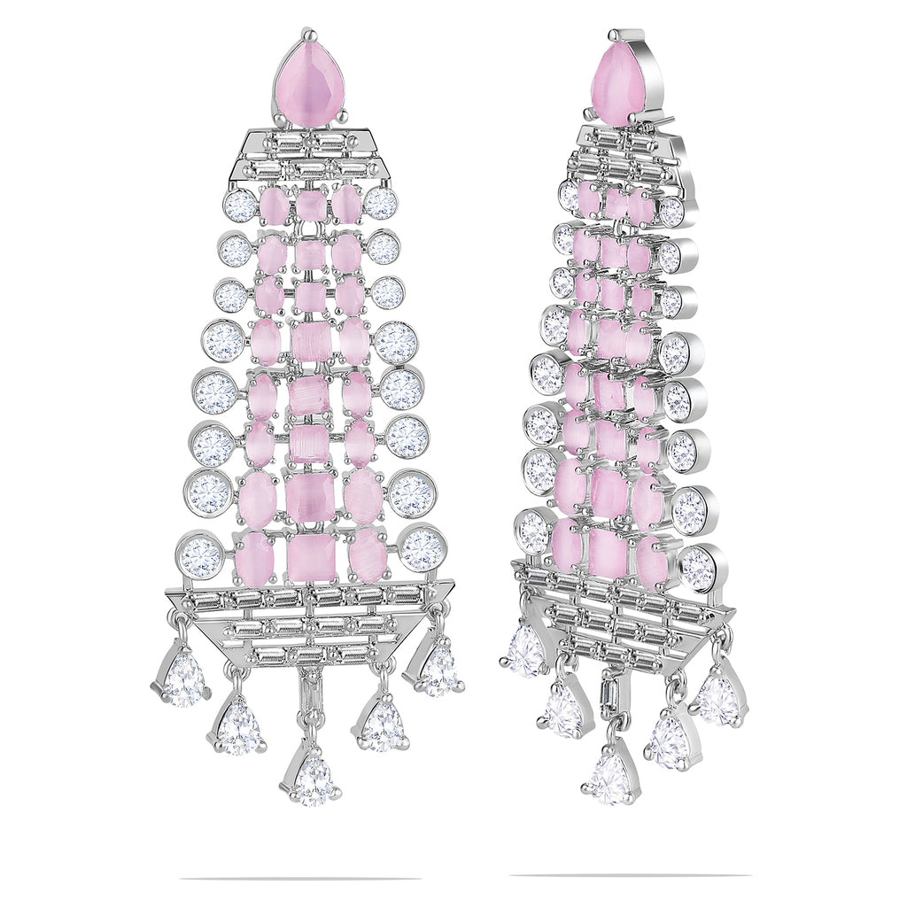 White Rhodium Baby Pink Finish Diamond Dangler Earrings