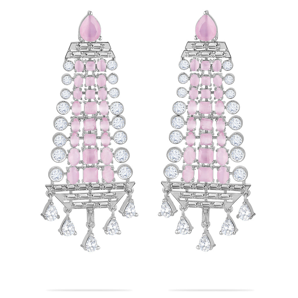 White Rhodium Baby Pink Finish Diamond Dangler Earrings