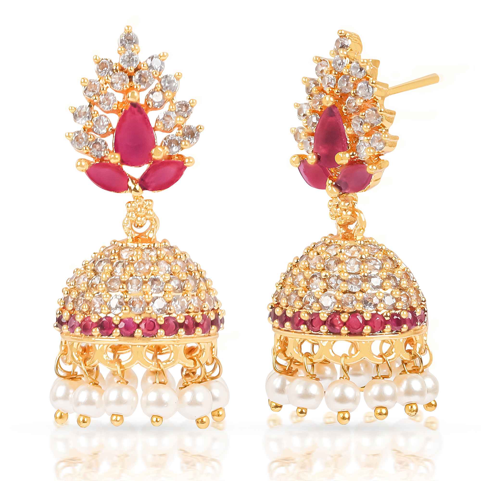 "Gold plated pink stone jhumka earrings with white AD and pearl drops – bridal festive jewelry"

