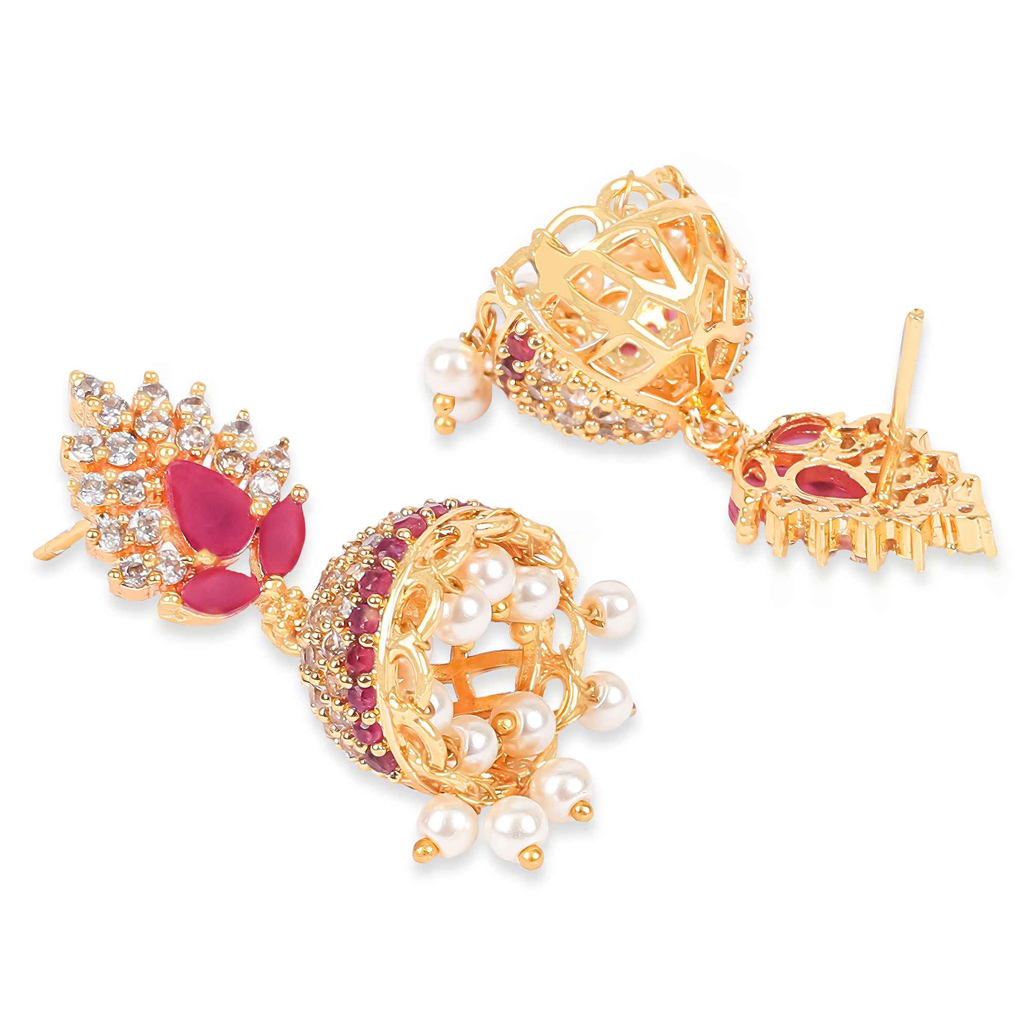 Gold Plated Pink Stone Jhumka Earrings with Pearls – Festive & Bridal Jewelry