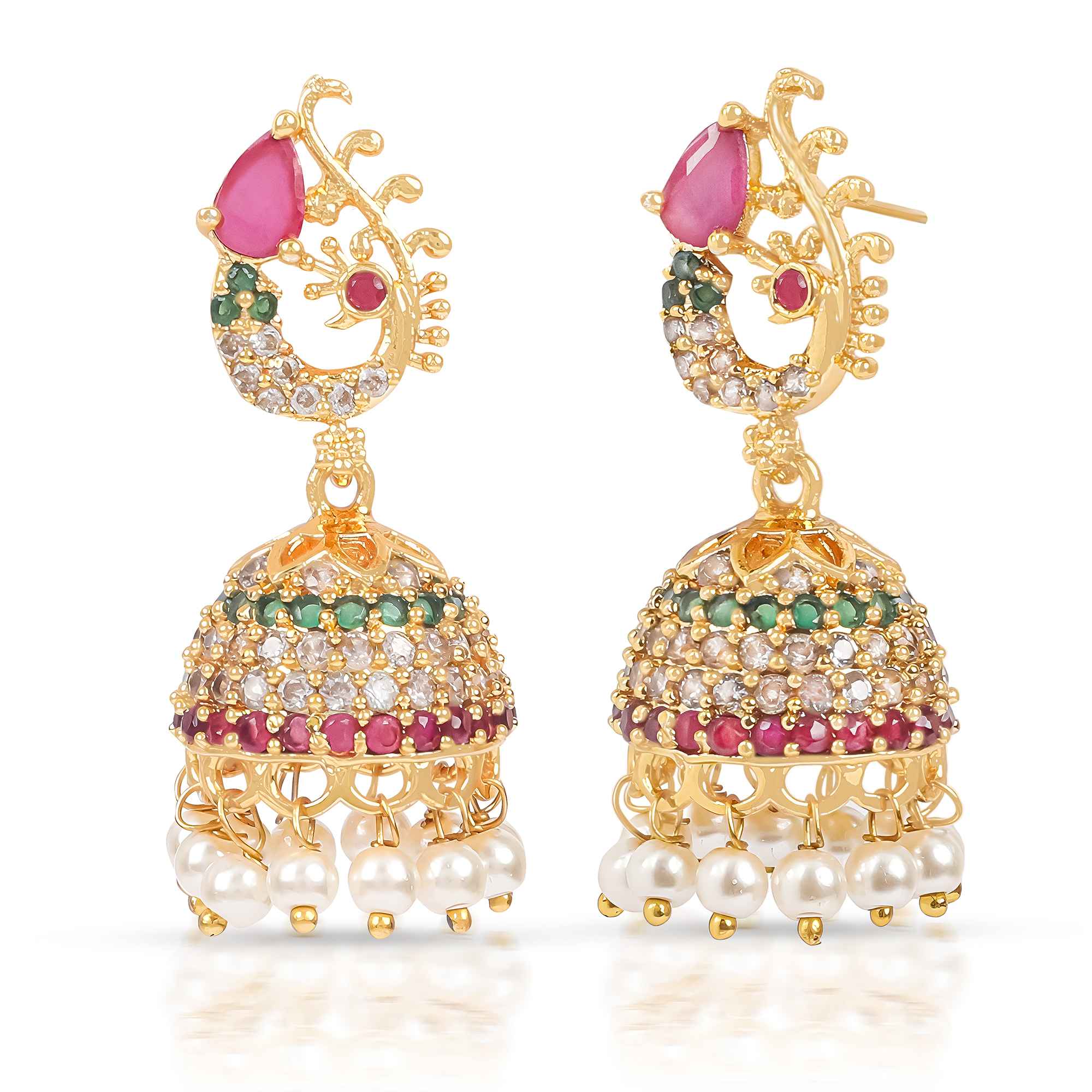 Gold Plated Peacock Jhumka Earrings with Pink, Green Stones & Pearls