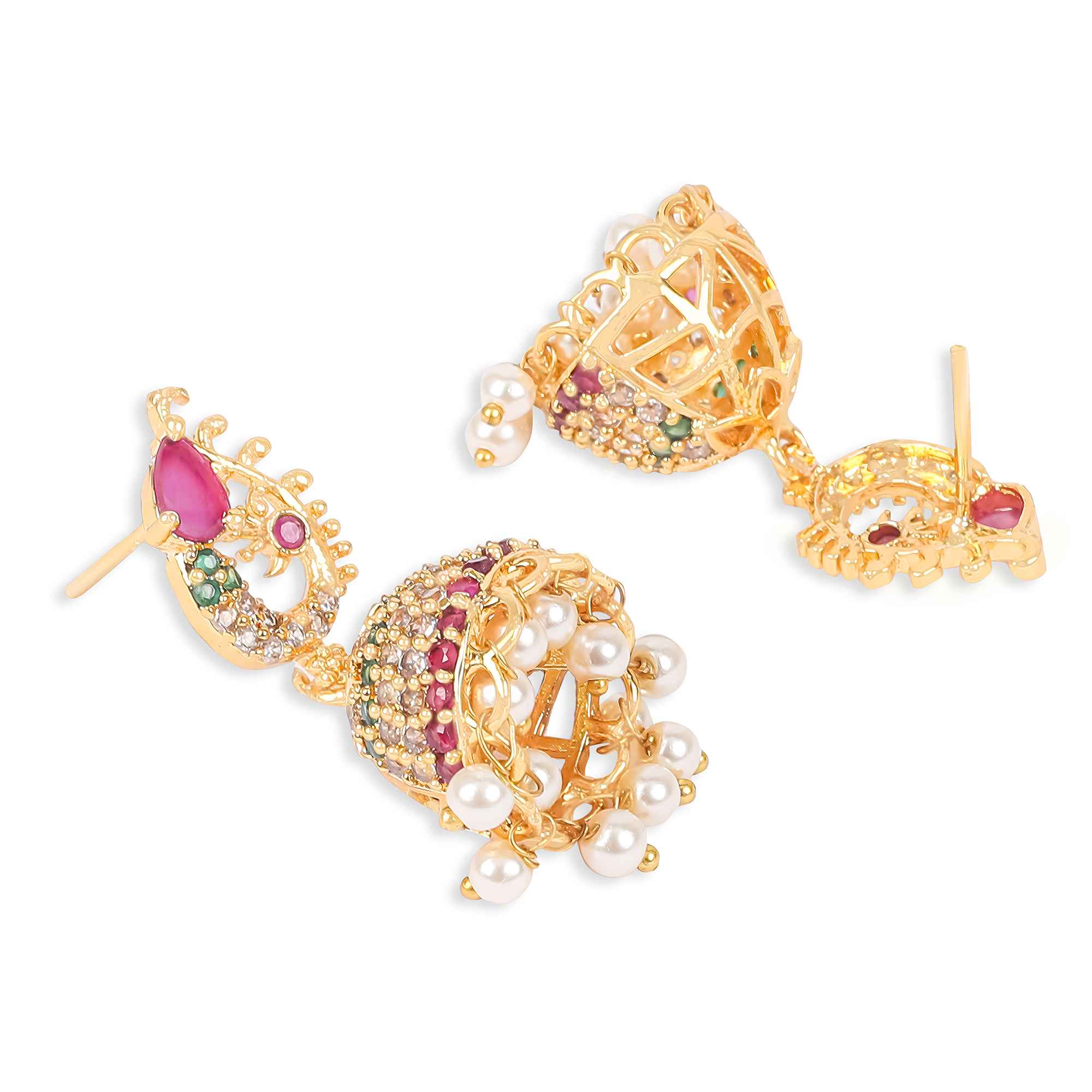 Gold Plated Peacock Jhumka Earrings with Pink, Green Stones & Pearls