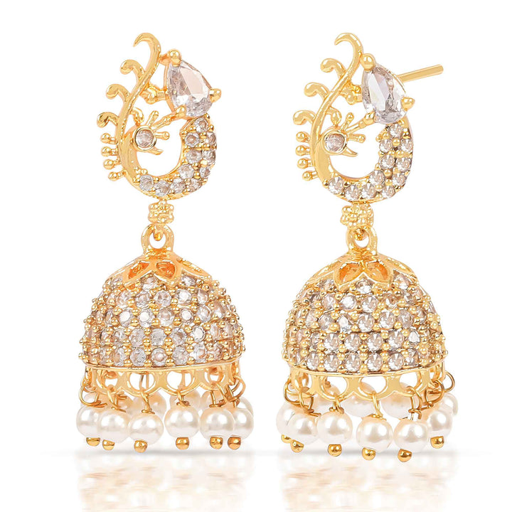 Gold Plated White Stone Jhumka Earrings with Pearls – Bridal & Festive Wear Jewelry