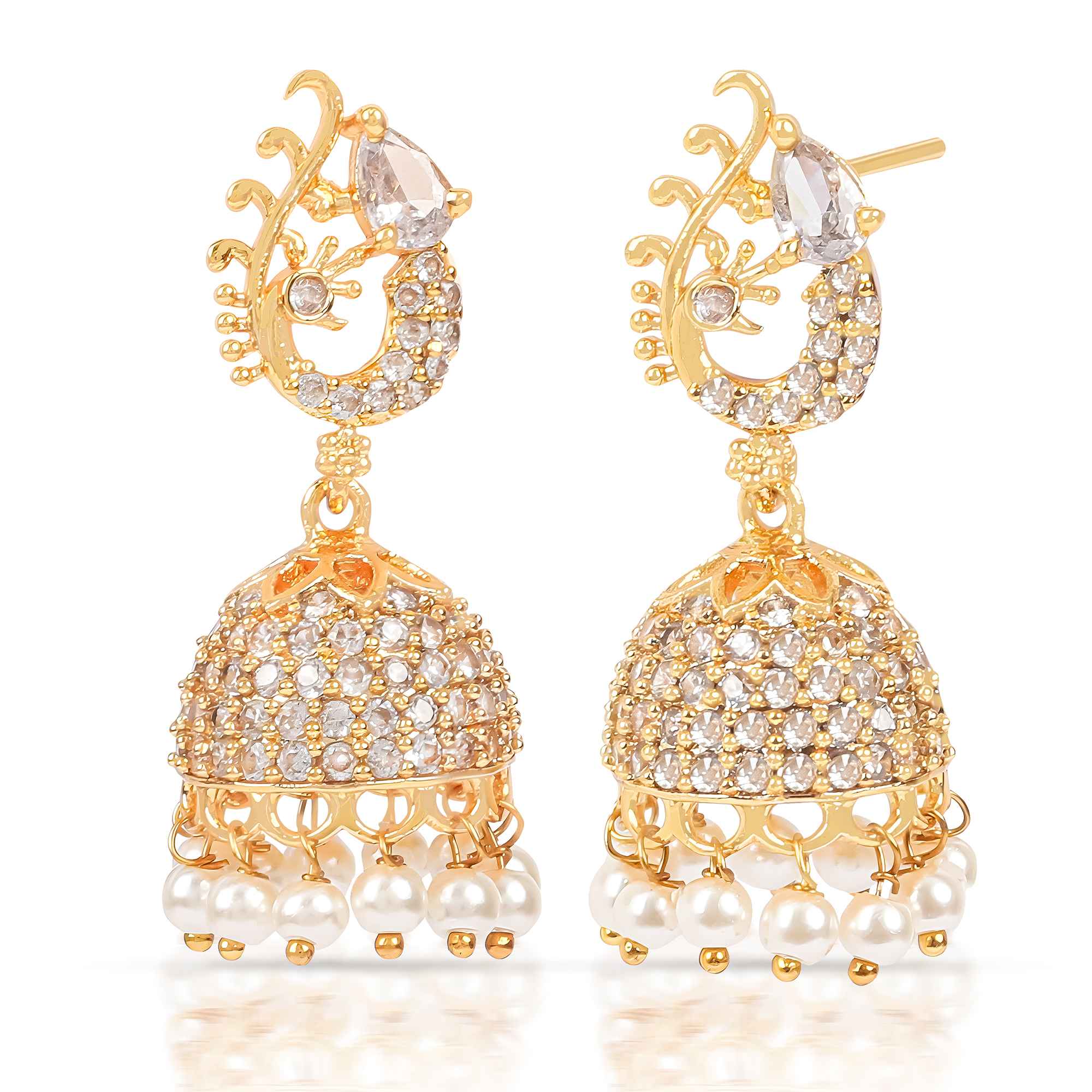Gold Plated White Stone Jhumka Earrings with Pearls – Bridal & Festive Wear Jewelry