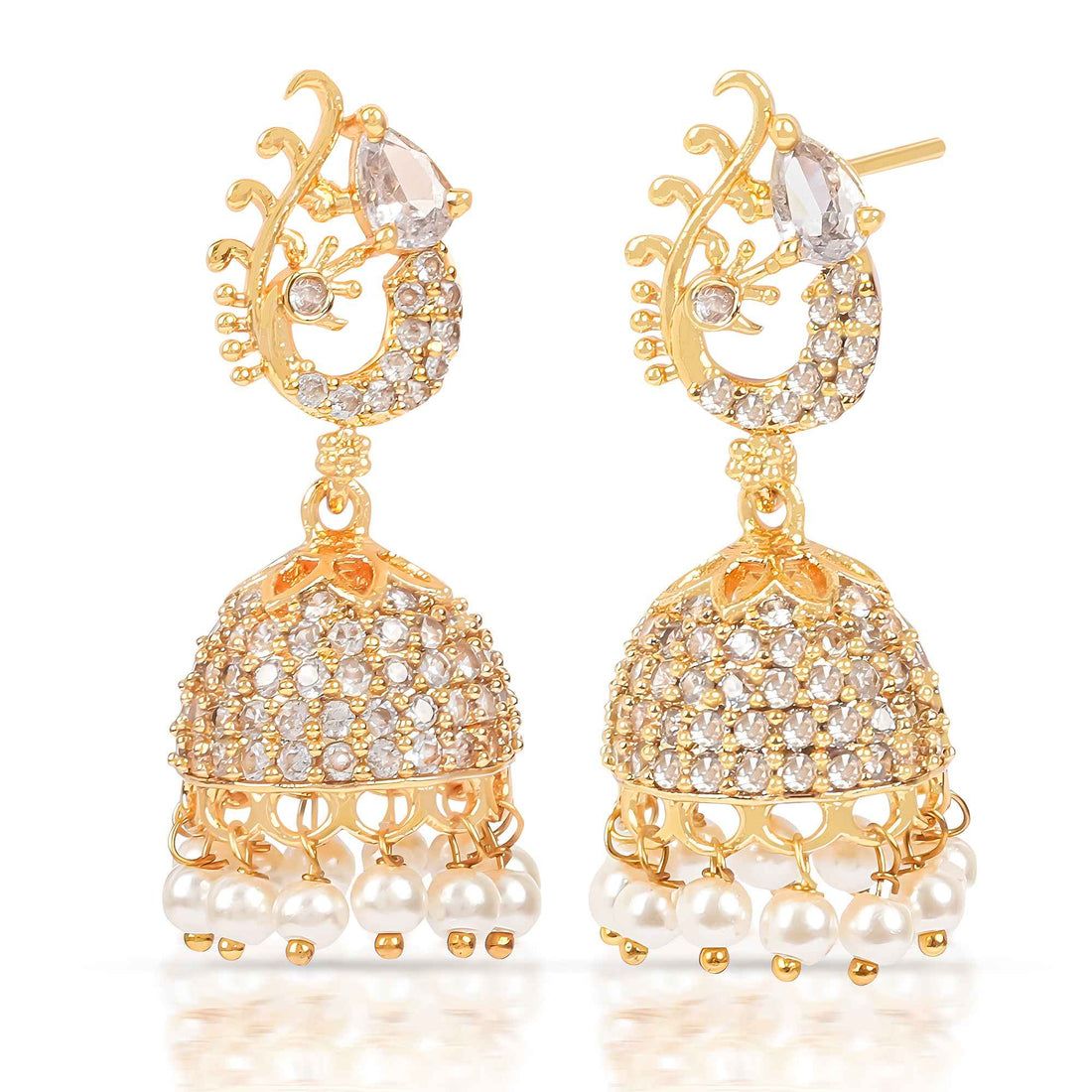 Gold Plated White Stone Jhumka Earrings with Pearls – Bridal & Festive Wear Jewelry
