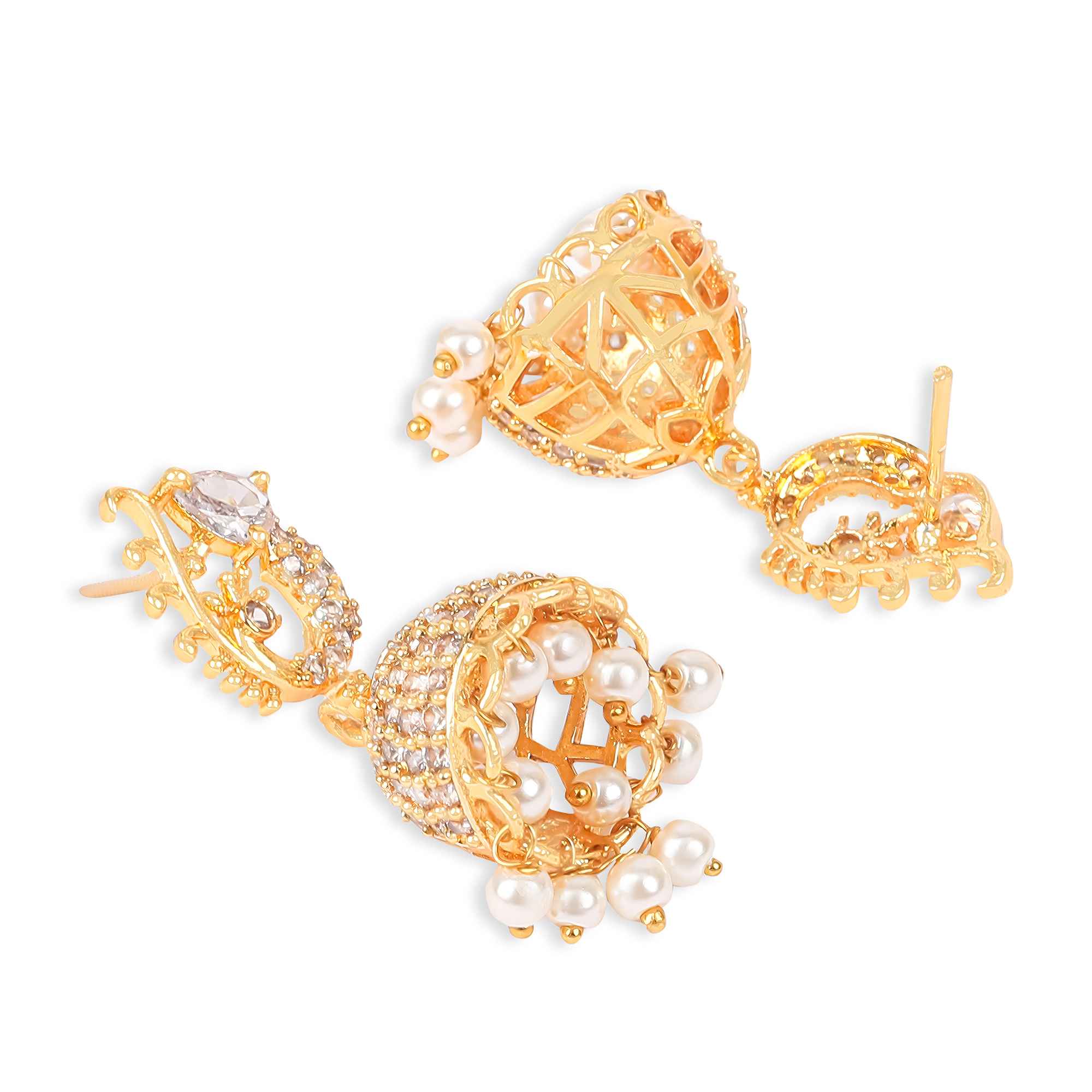 Gold Plated White Stone Jhumka Earrings with Pearls – Bridal & Festive Wear Jewelry