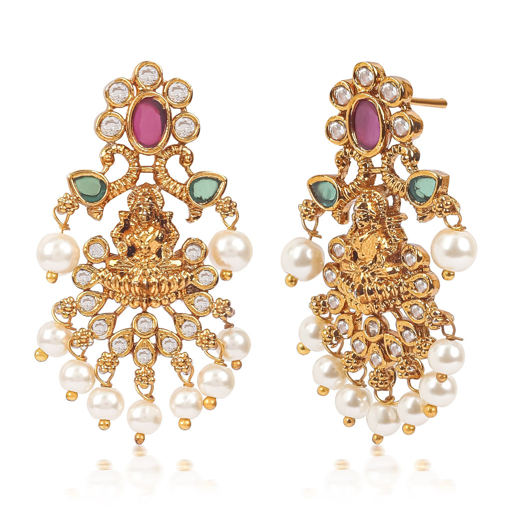 Gold Plated Temple Earrings with Pearls & Crystal Stones – Goddess Lakshmi Design