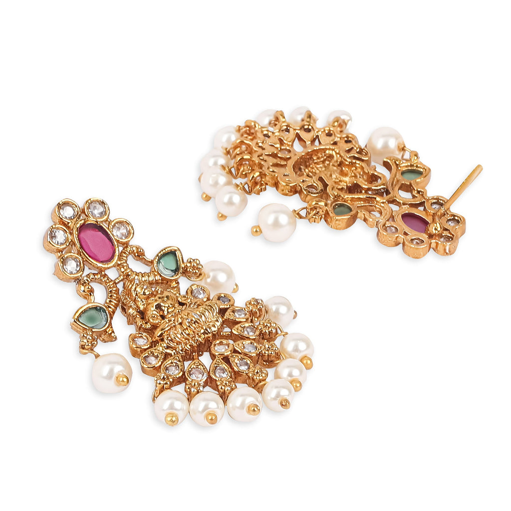 Gold Plated Temple Earrings with Pearls & Crystal Stones – Goddess Lakshmi Design