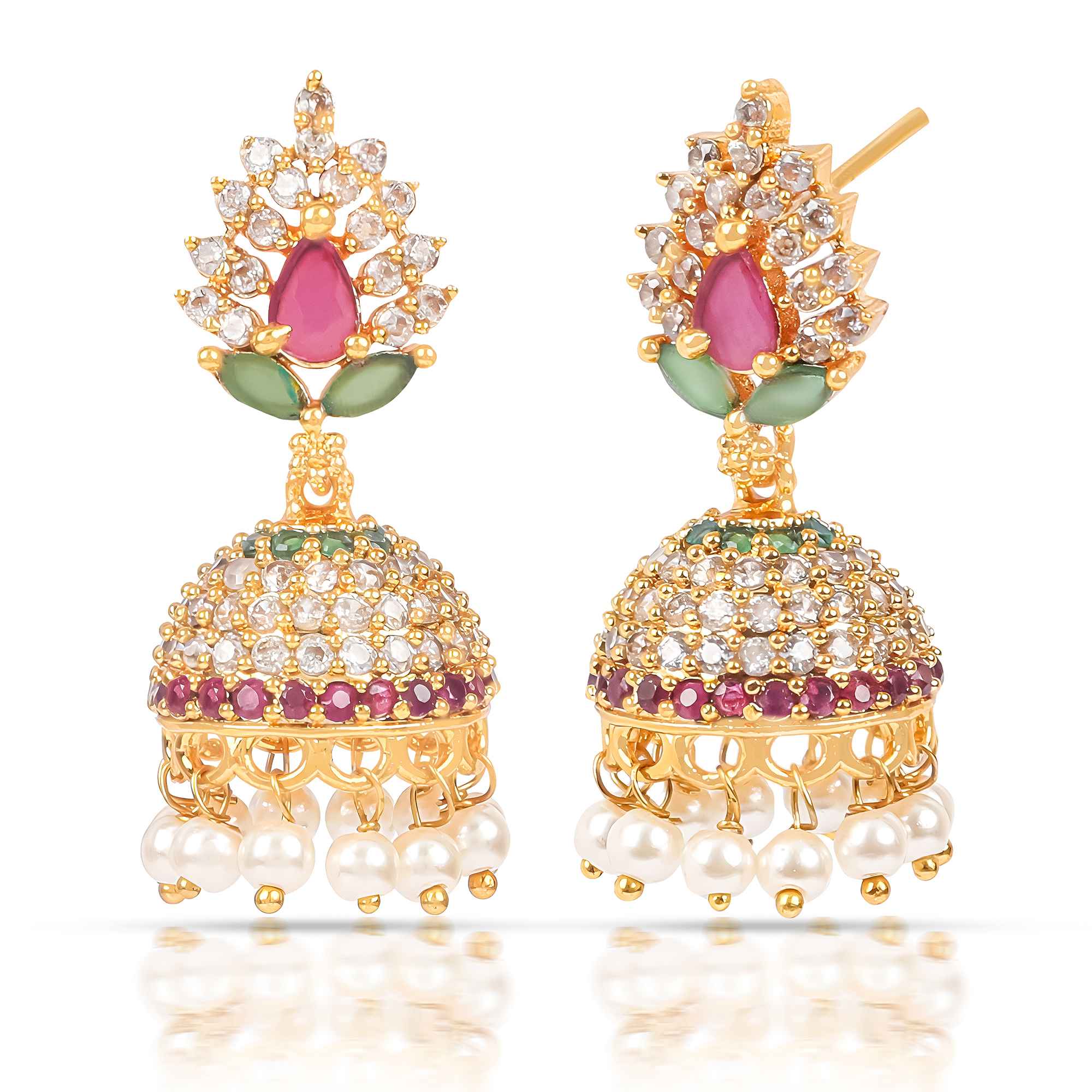 Gold Plated Floral Jhumka Earrings with pink and green stones, pearls, and white crystals.
