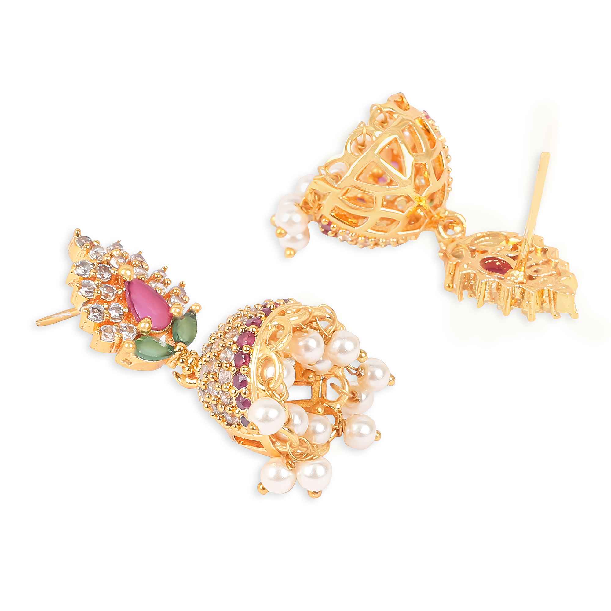 Gold Plated Floral Jhumka Earrings with pink and green stones, pearls, and white crystals.