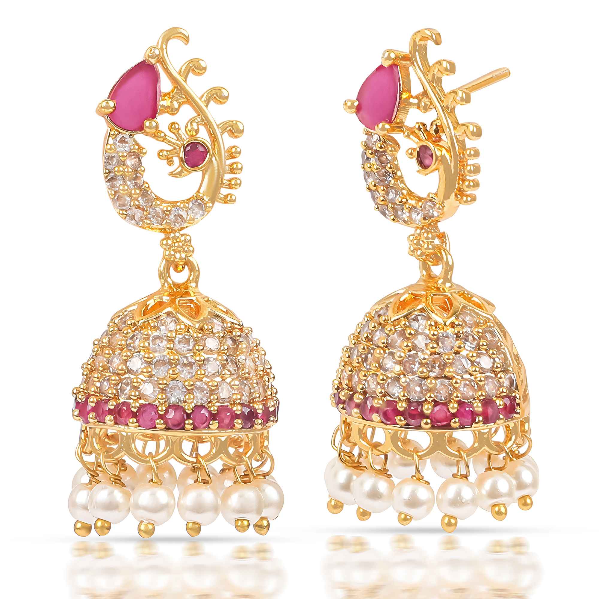 Gold Plated Pink Stone Jhumka Earrings with Pearls & AD Crystals – Traditional Indian Jewelry