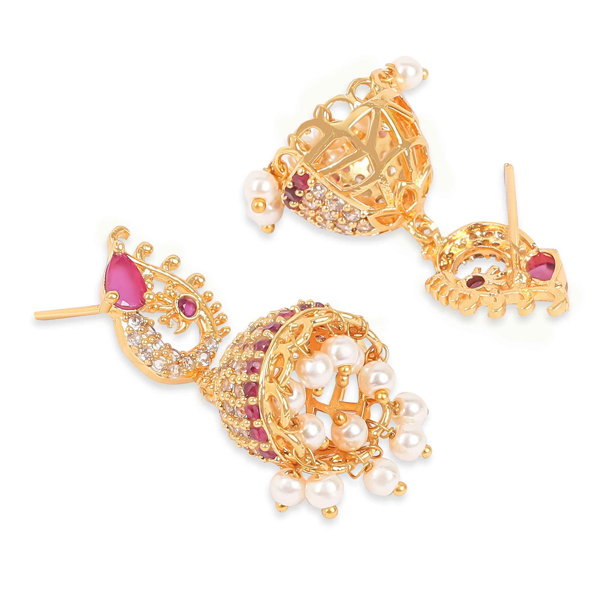 Gold Plated Pink Stone Jhumka Earrings with Pearls & AD Crystals – Traditional Indian Jewelry