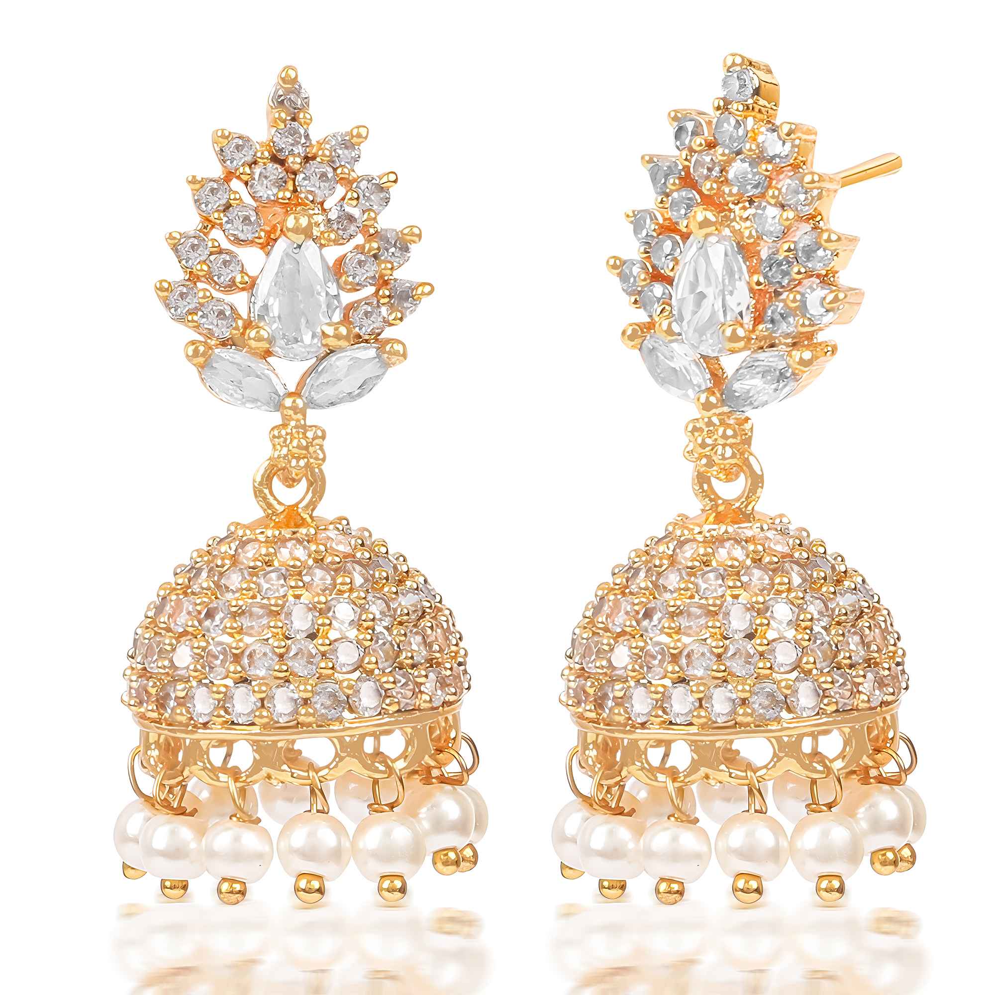 Gold Plated White AD Jhumka Earrings with Pearl Drops – Elegant Party & Bridal Wear