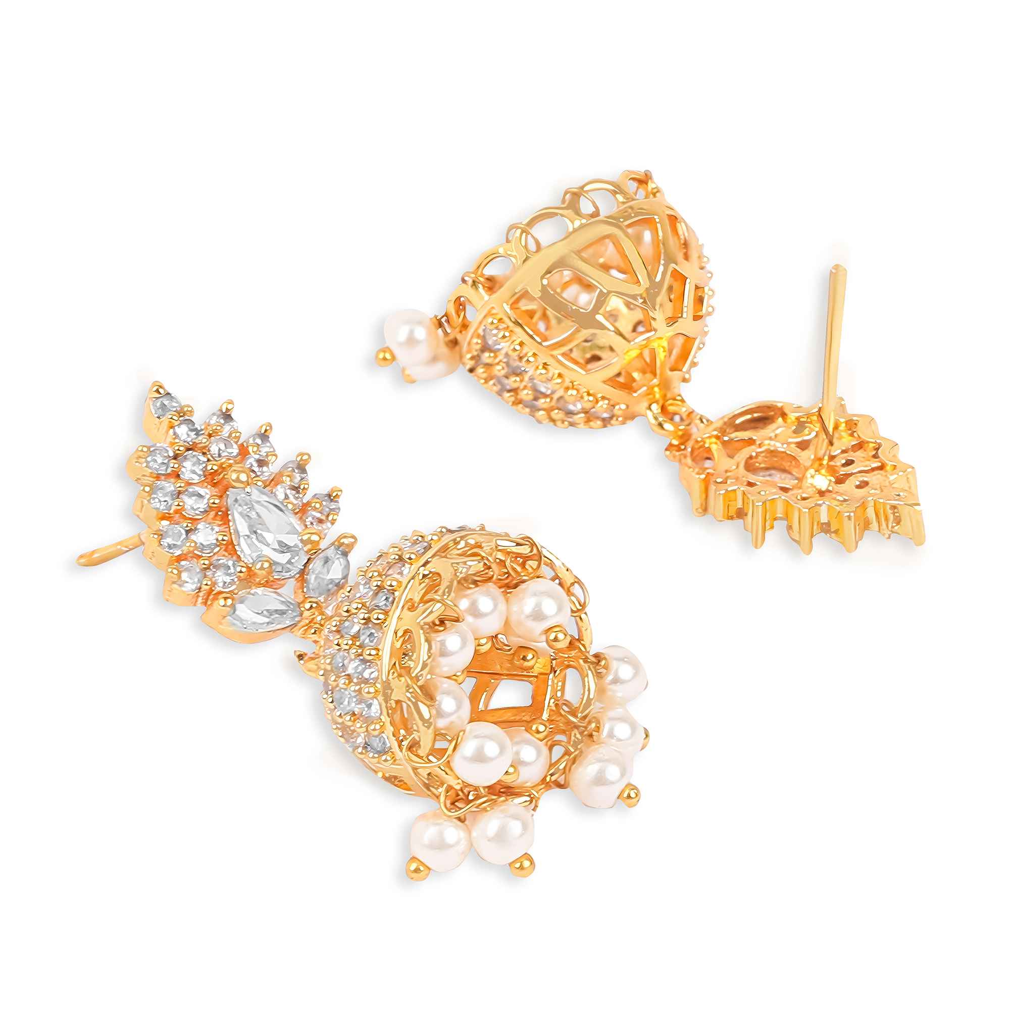 Gold Plated White AD Jhumka Earrings with Pearl Drops – Elegant Party & Bridal Wear