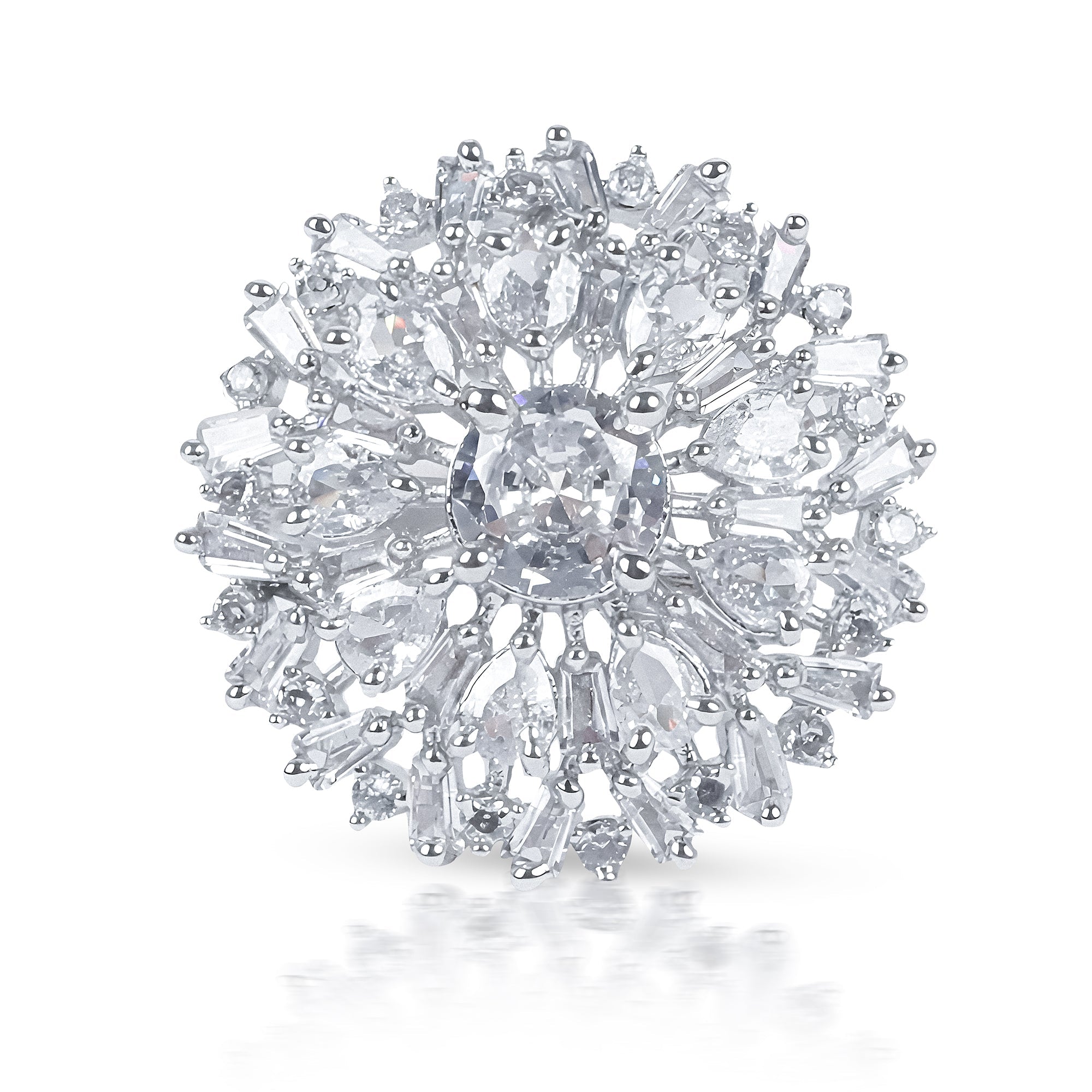 Elegant Ruby CZ Flower Ring + Rhodium Plated Emerald Green Ring + Silver-Plated AD Studded Ring