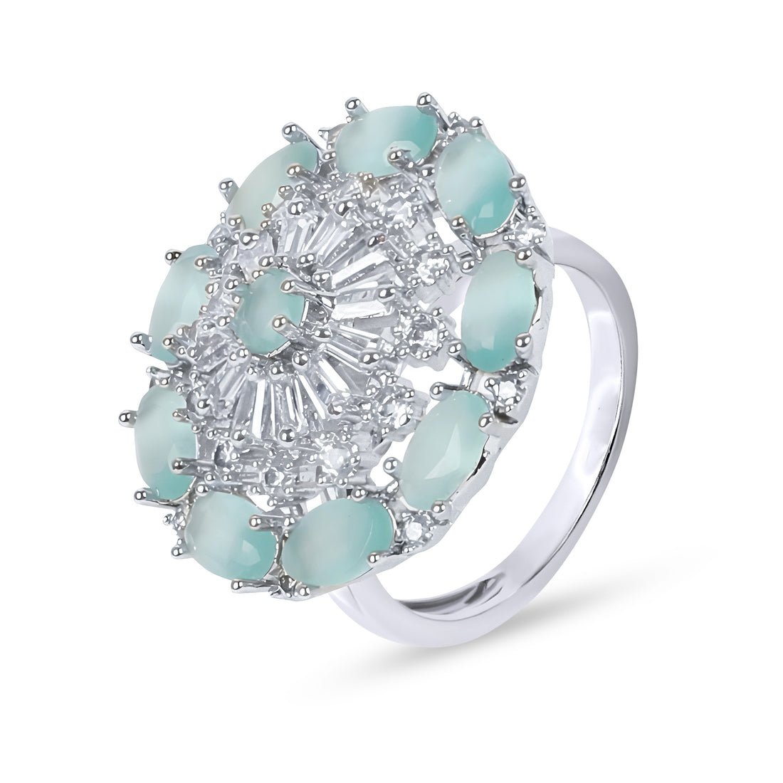 White Finish Aqua Synthetic Stone & Zircon Ring