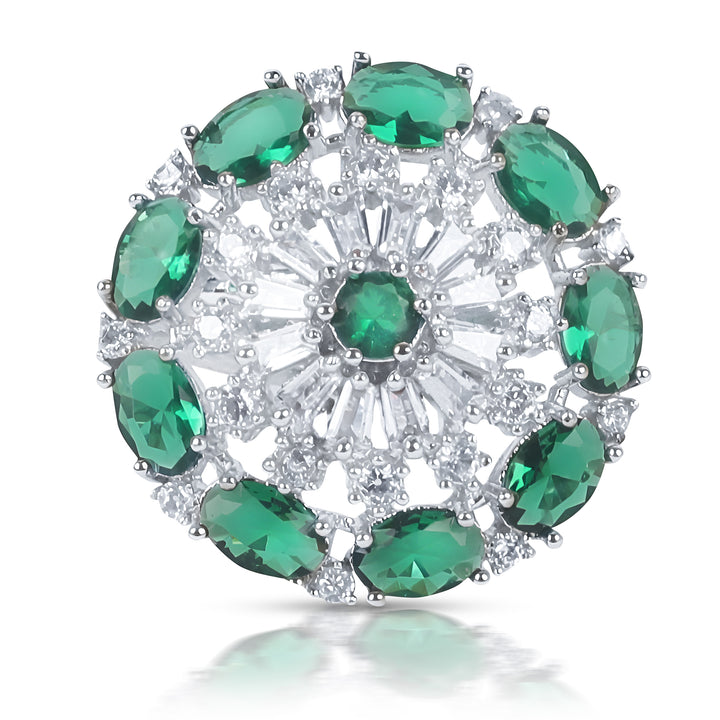 Rhodium Plated CZ Adjustable Classic Flower Shaped Emerald/ Green Finger Ring