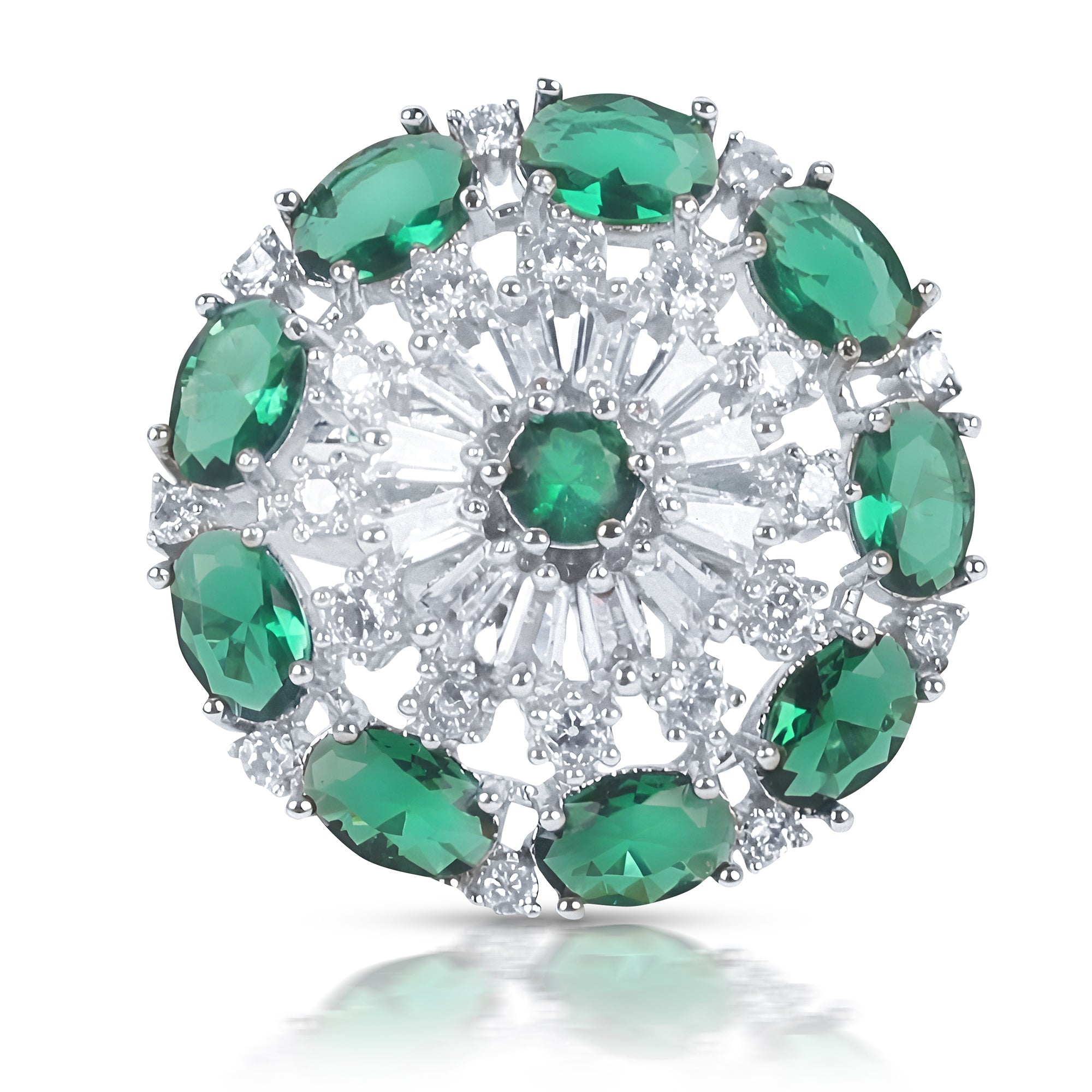 Rhodium Plated CZ Emerald Ring & Green-White Gems Maang Tika
