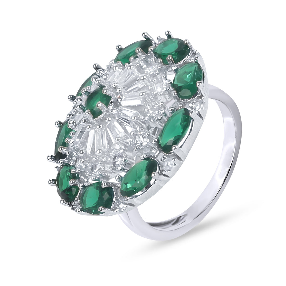 Rhodium Plated CZ Adjustable Classic Flower Shaped Emerald/ Green Finger Ring