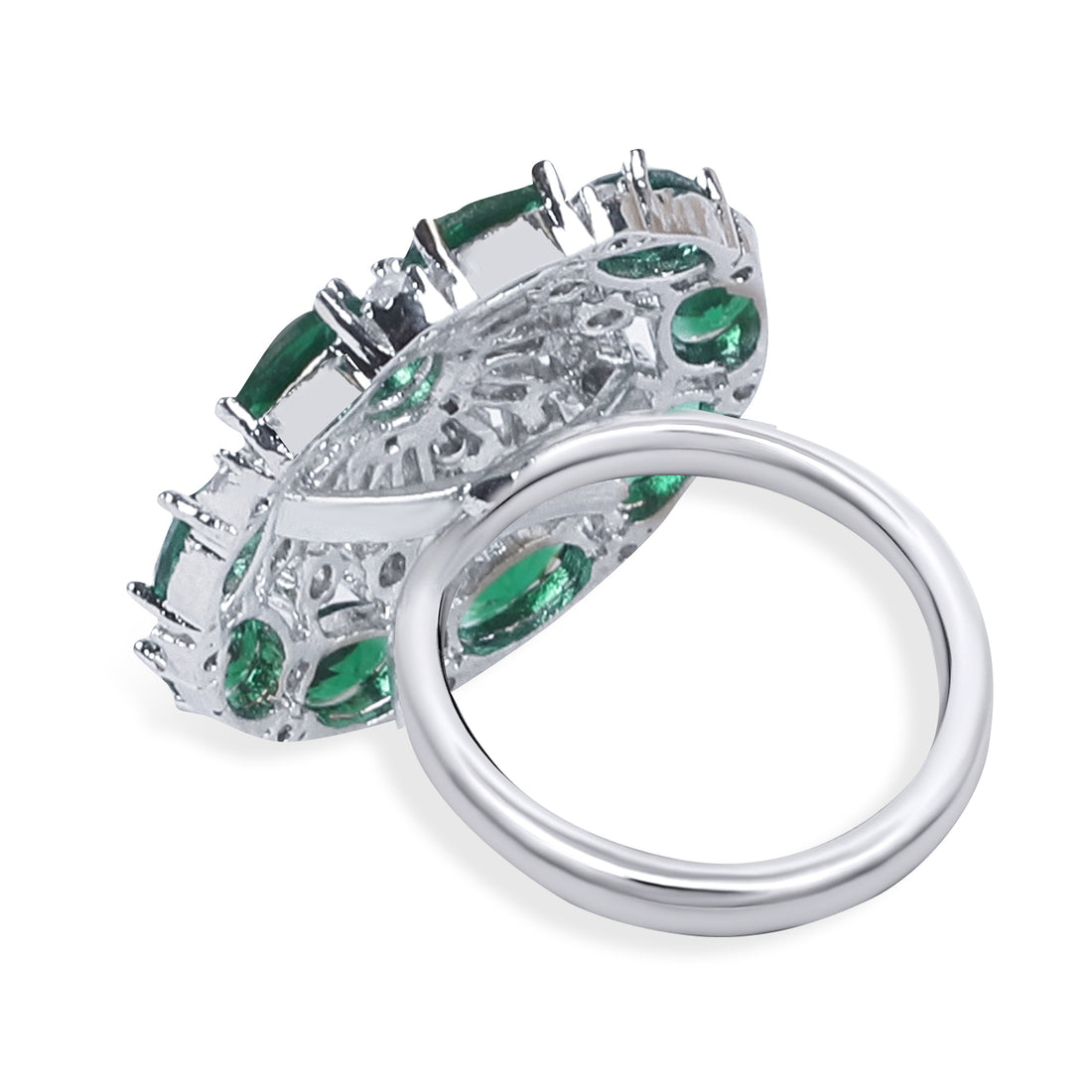 Rhodium Plated CZ Adjustable Classic Flower Shaped Emerald/ Green Finger Ring