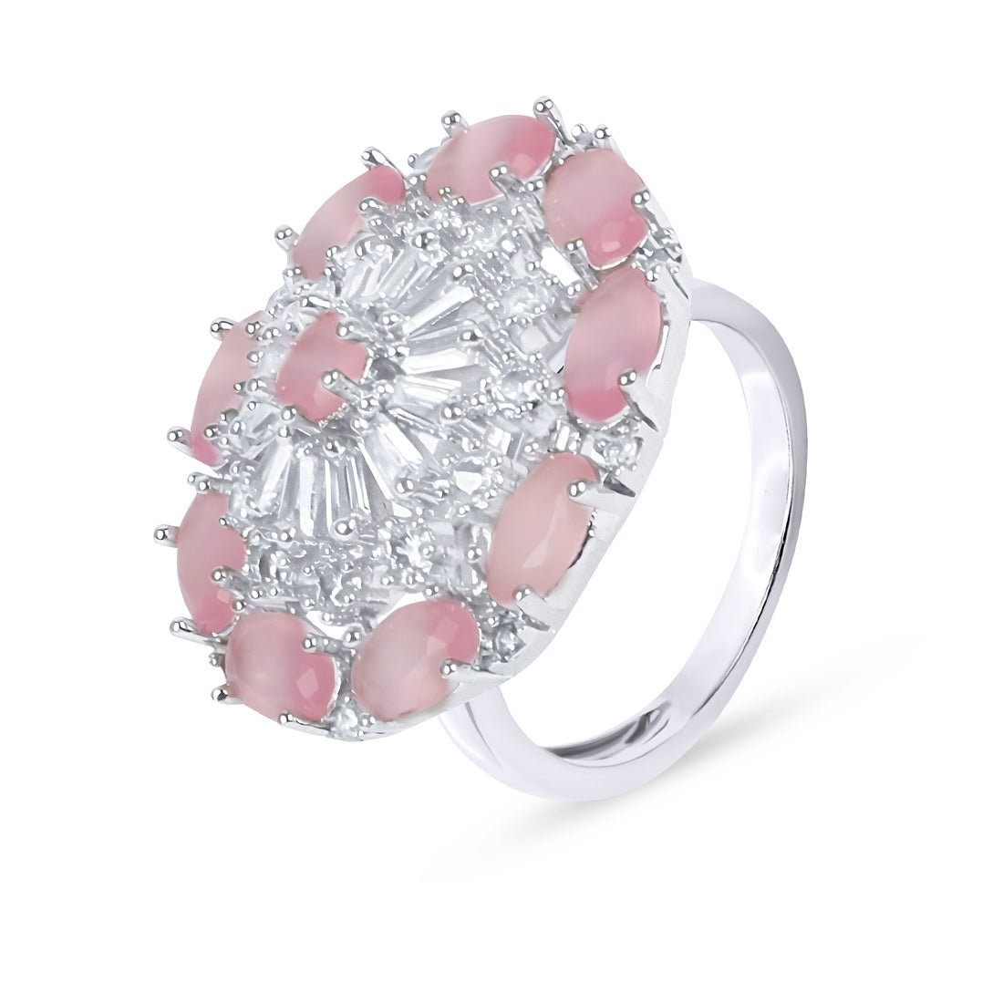 Baby Pink American Diamond Silver Plated Cocktail Ring