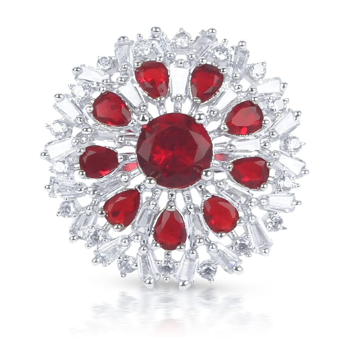 Elegant Ruby Cubic Zirconia Flower Design Silver Plated Ring