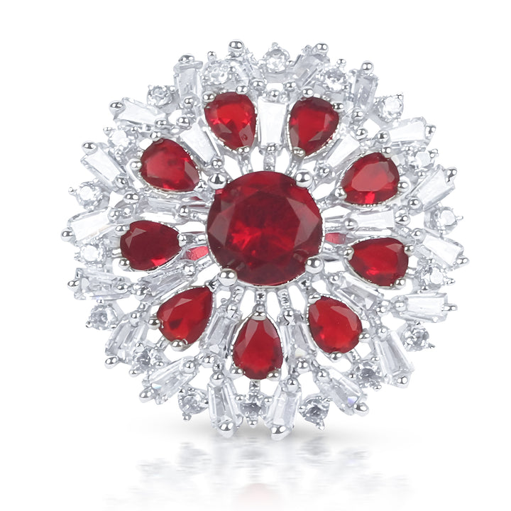 Elegant Ruby Cubic Zirconia Flower Design Silver Plated Ring