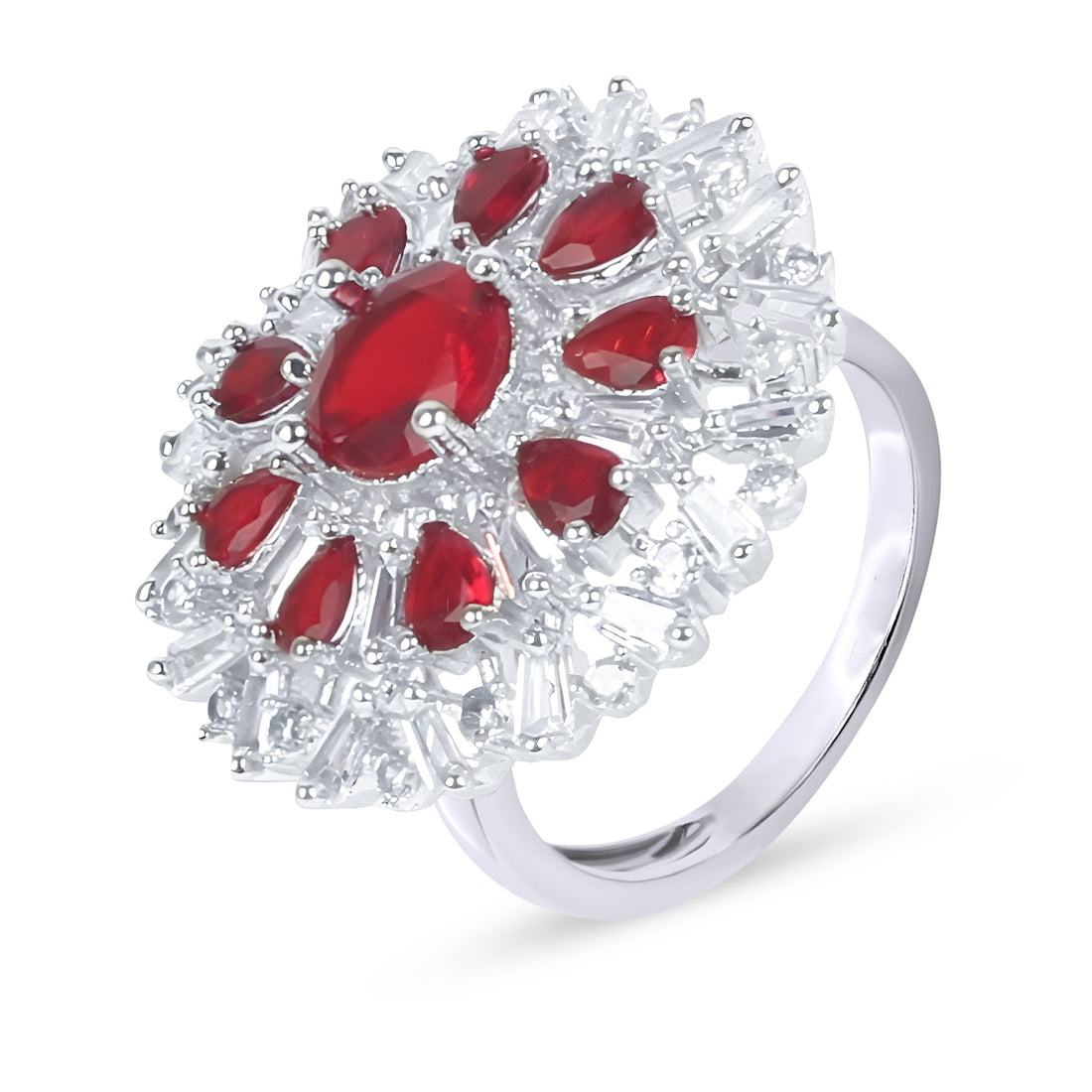 Elegant Ruby Cubic Zirconia Flower Design Silver Plated Ring