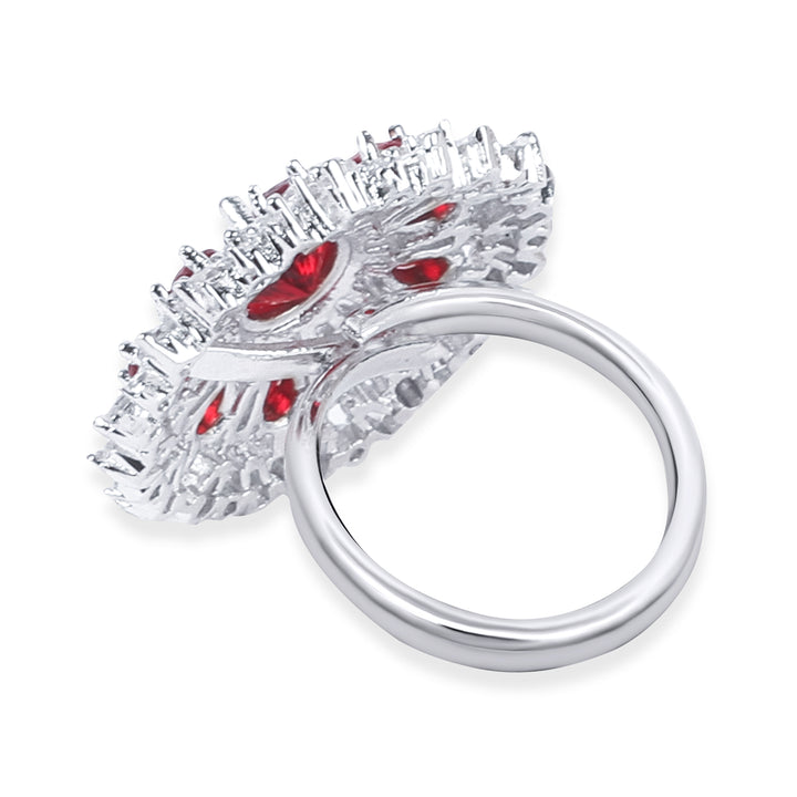 Elegant Ruby Cubic Zirconia Flower Design Silver Plated Ring