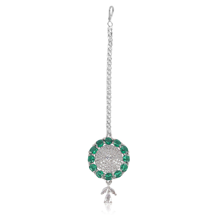 Silver Plated Green American Diamond Maangtika – Bridal & Festive Forehead Jewelry