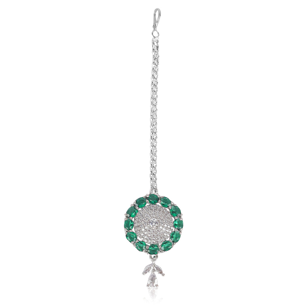 Silver Plated Green American Diamond Maangtika – Bridal & Festive Forehead Jewelry