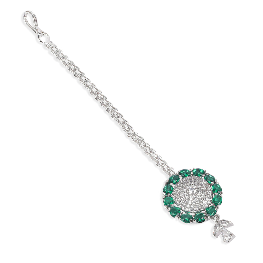 Silver Plated Green American Diamond Maangtika – Bridal & Festive Forehead Jewelry