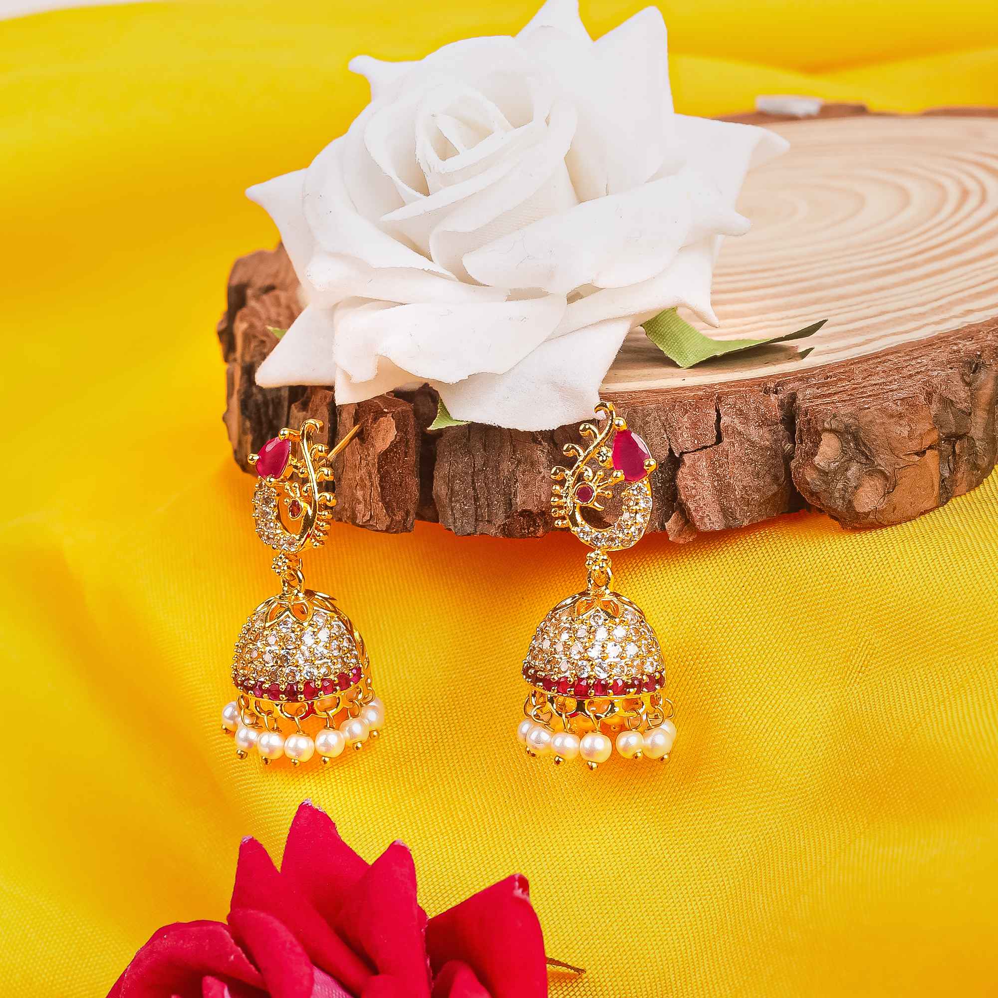 Gold Plated Pink Stone Jhumka Earrings with Pearls & AD Crystals – Traditional Indian Jewelry