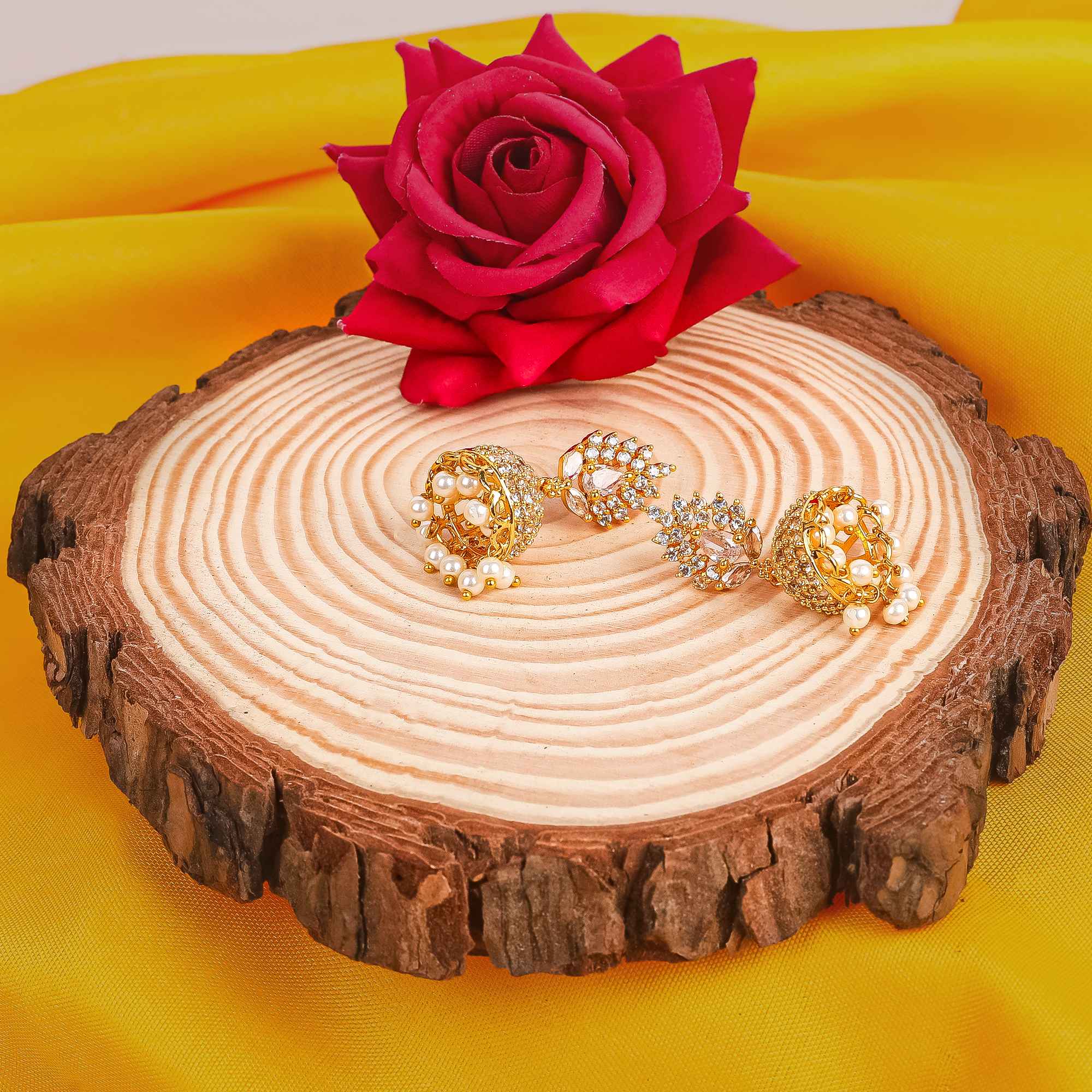 Gold Plated White AD Jhumka Earrings with Pearl Drops – Elegant Party & Bridal Wear