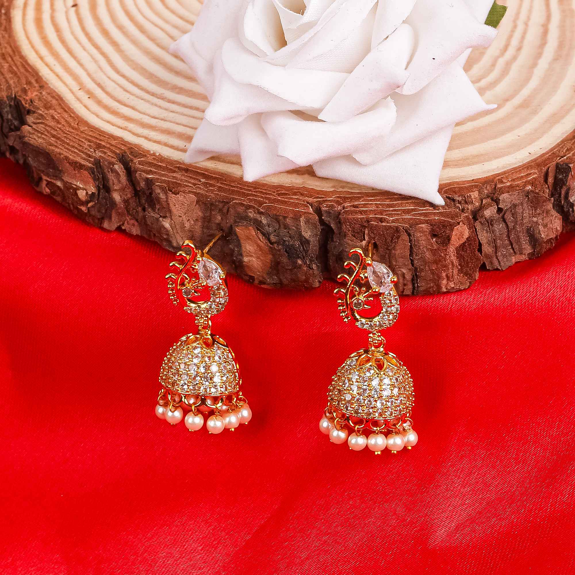 Gold Plated White Stone Jhumka Earrings with Pearls – Bridal & Festive Wear Jewelry