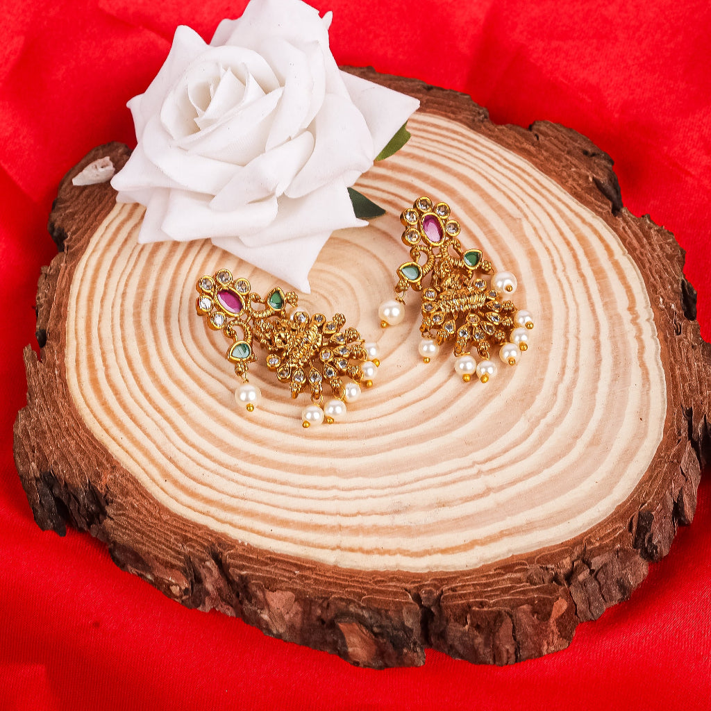 Gold Plated Temple Earrings with Pearls & Crystal Stones – Goddess Lakshmi Design