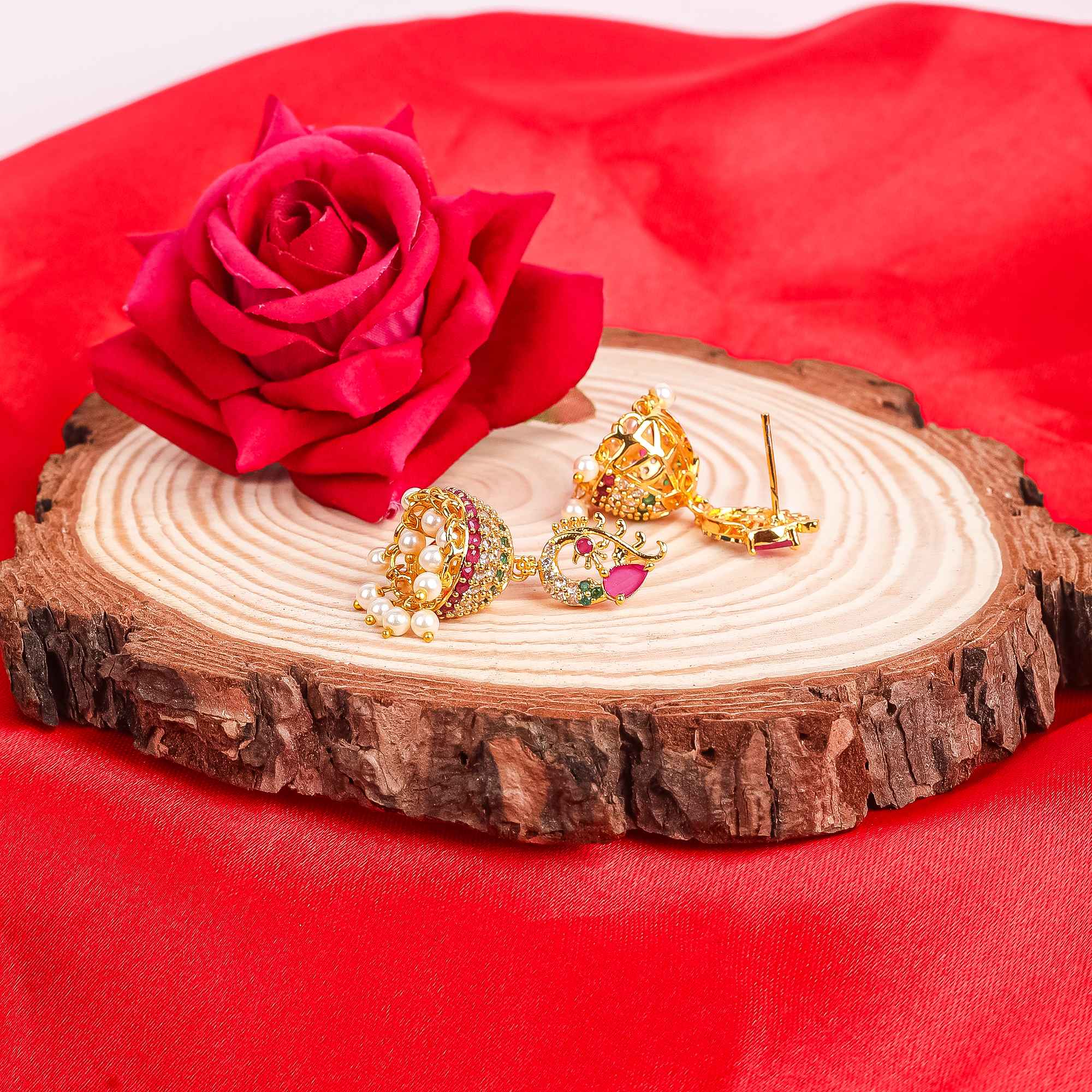 Gold Plated Peacock Jhumka Earrings with Pink, Green Stones & Pearls