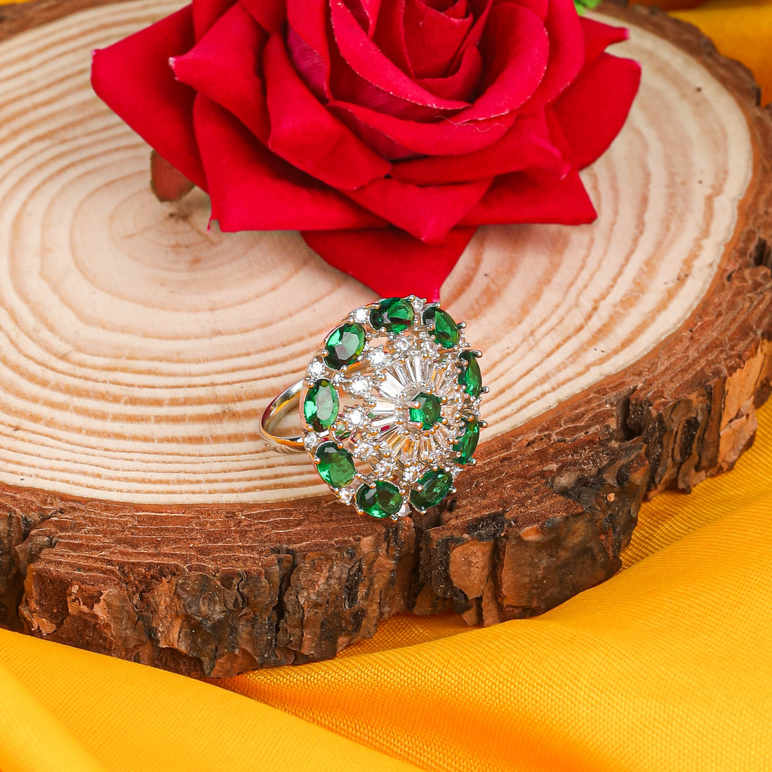 Rhodium Plated CZ Adjustable Classic Flower Shaped Emerald/ Green Finger Ring