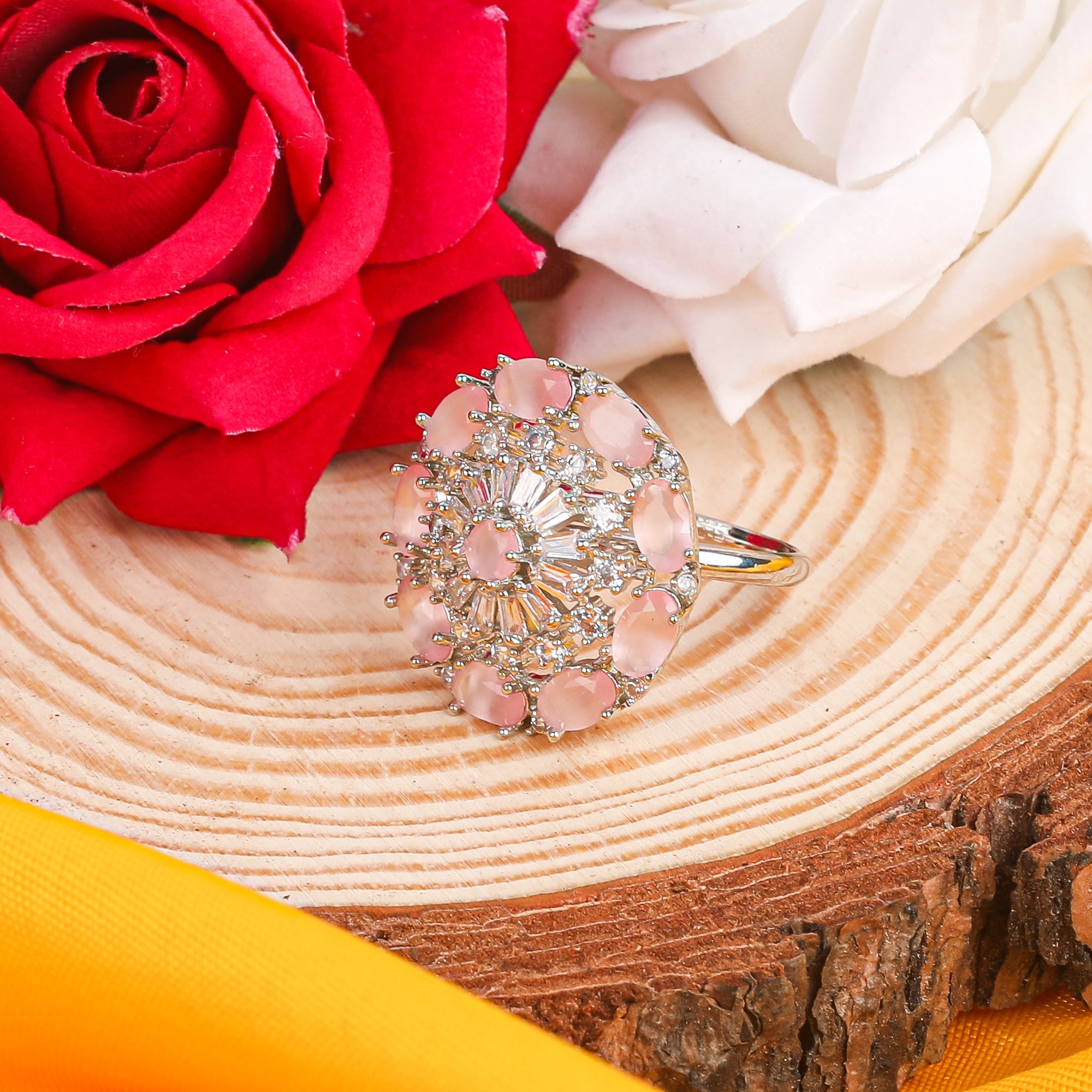 Pretty in Pink Combo: Silver Plated Baby Pink AD Cocktail Ring & Elegant Pink CZ Studded Ring