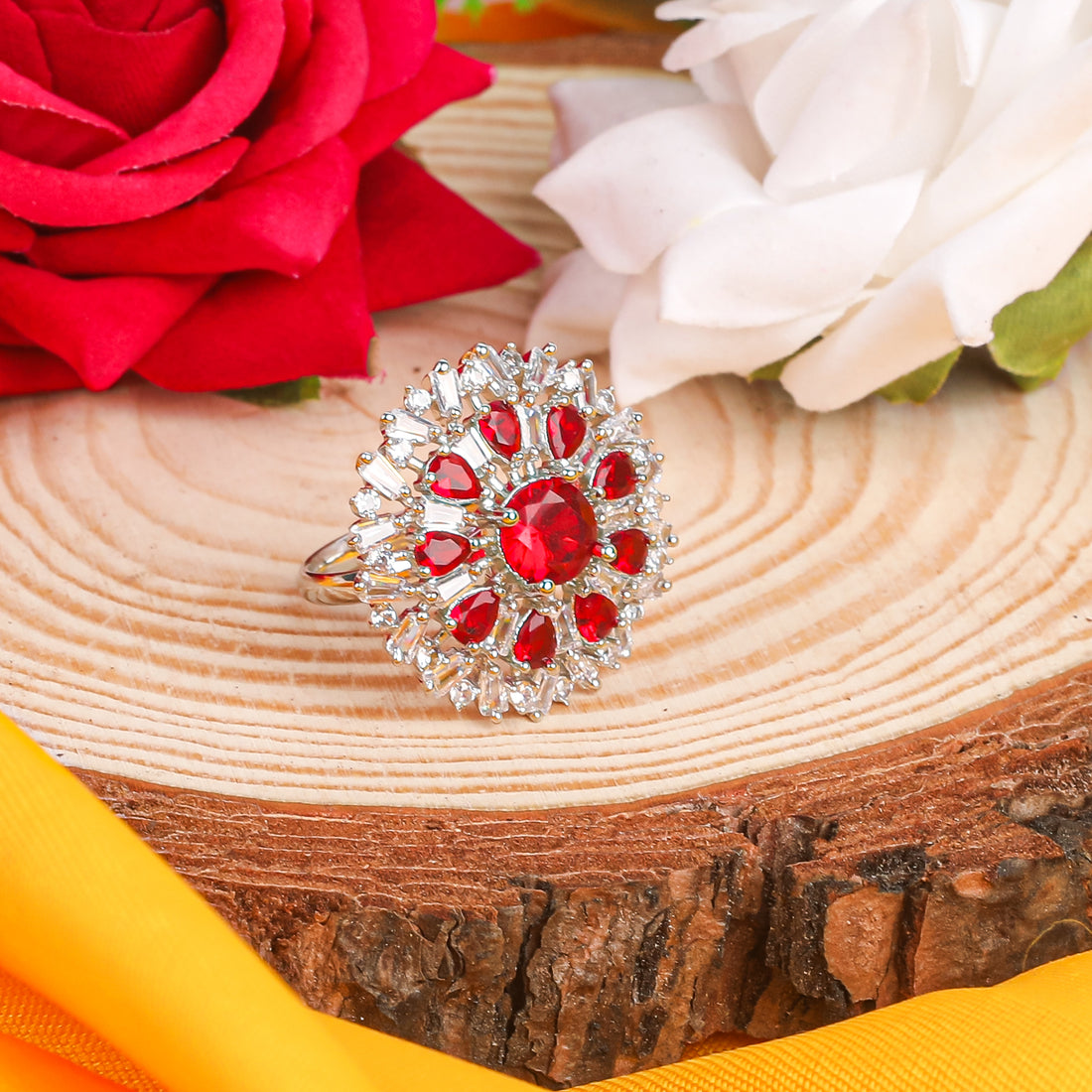 Elegant Ruby Cubic Zirconia Flower Design Silver Plated Ring