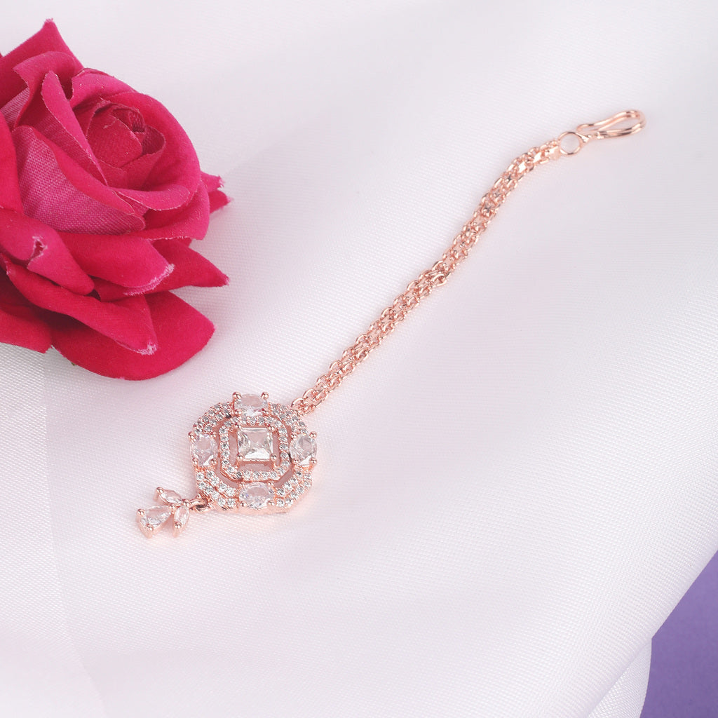 American Diamond Rose Gold Plated Floral Maang Tikka