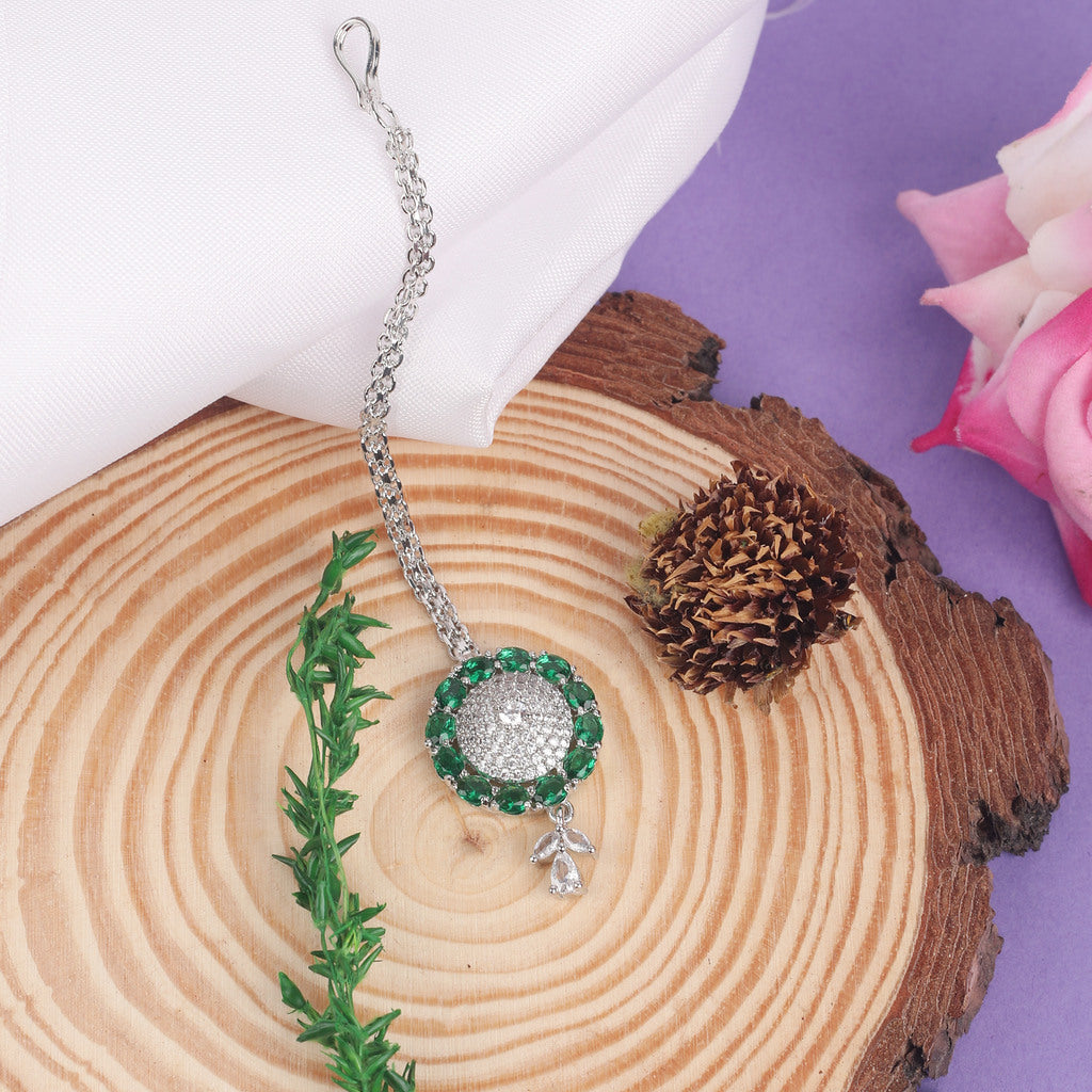 Silver Plated Green American Diamond Maangtika – Bridal & Festive Forehead Jewelry