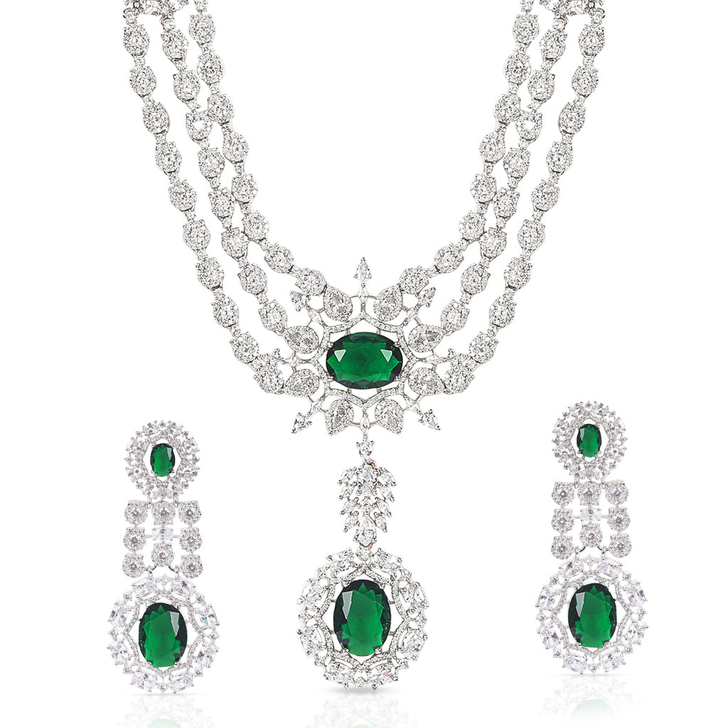 White Finish Zircon & Green Onyx Necklace Set