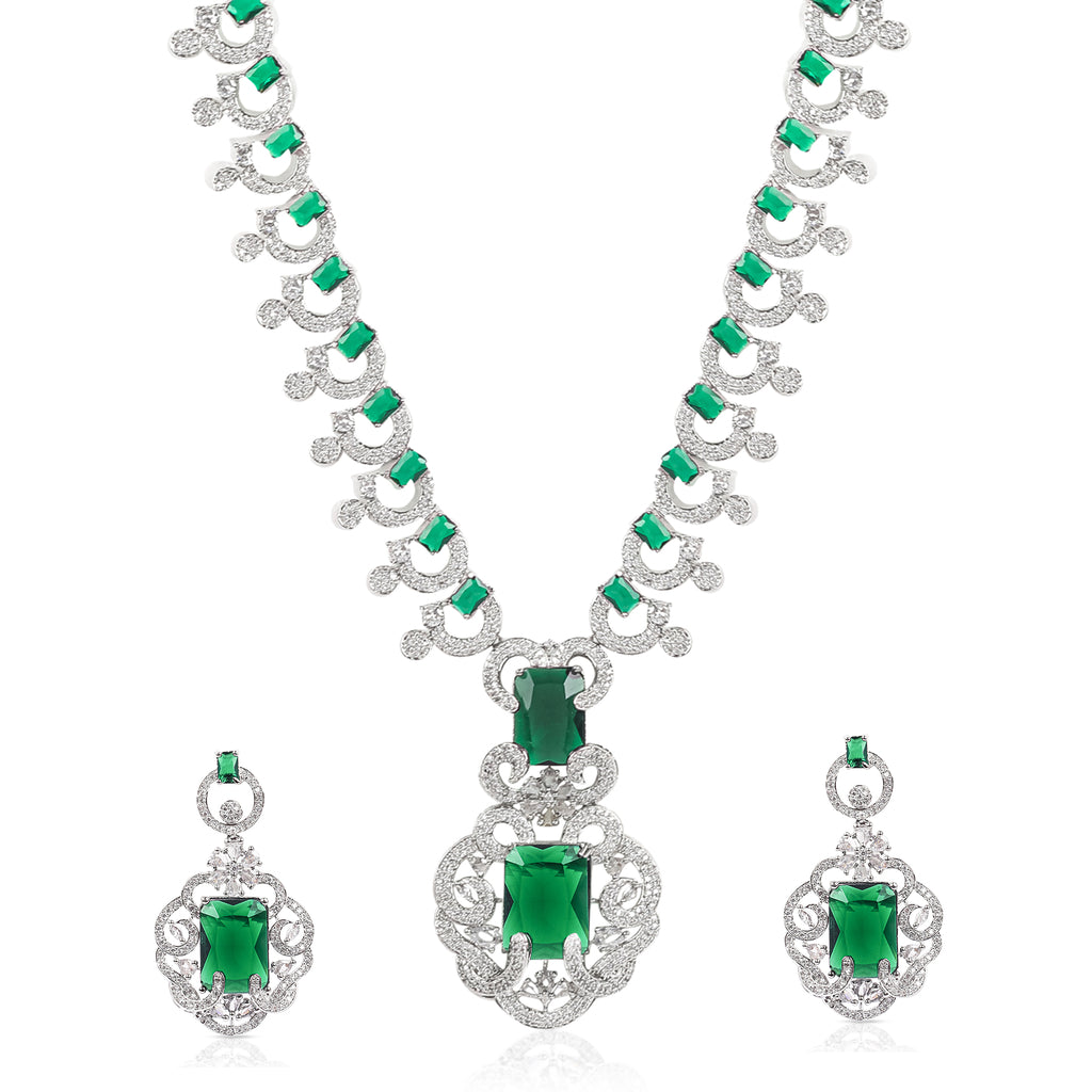 Nita Ambani inspired Green Zirconium Faux Diamond Necklace Set Silver Necklace Set Necklace Set cz zircon wedding jewelry Royal look